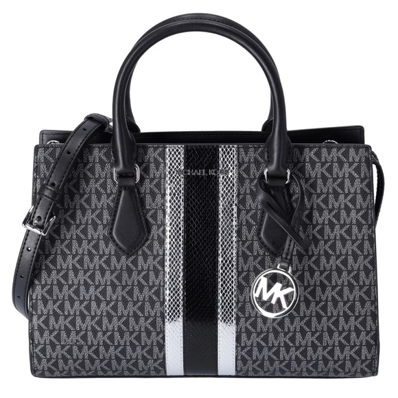 Michael Kors Sheila Medium Satchel Signature Logo MK Metallic Satchel Black - Picture 1 of 6